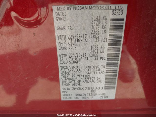 5N1AT2MV5LC788303 Nissan Rogue Sv Intelligent Awd