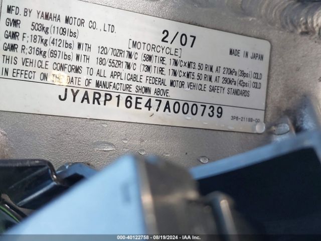 2007 YAMAHA FJR1300 JYARP16E47A000739 Photo 9