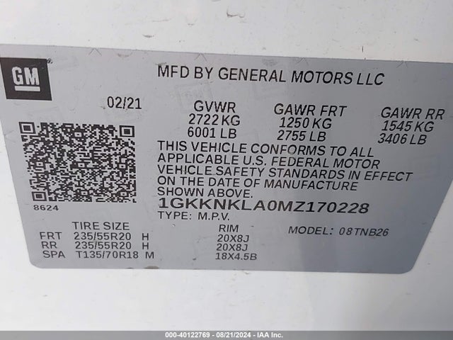 1GKKNKLA0MZ170228 GMC Acadia Fwd Sle