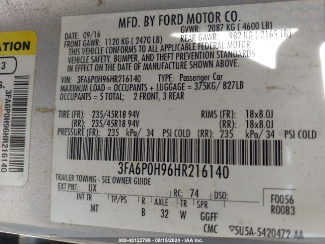 3FA6P0H96HR216140 Ford FUSION SE