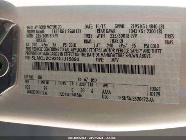 5LMCJ2C92GUJ15890 Lincoln MKC SELECT