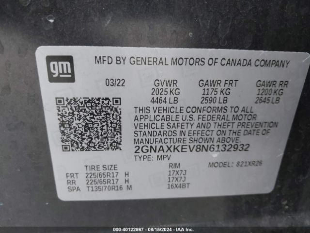 2GNAXKEV8N6132932 Chevrolet Equinox Fwd Lt