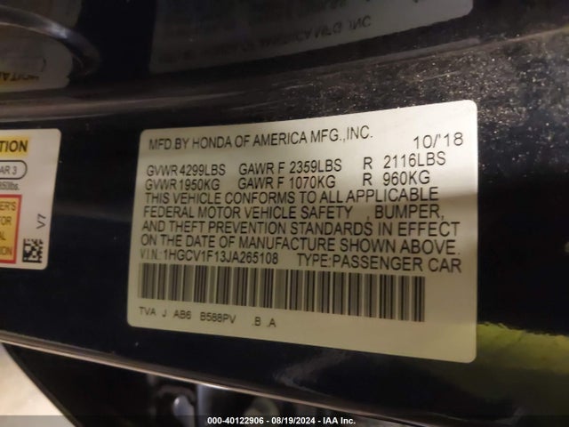 Honda ACCORD LX 2018 1HGCV1F13JA265108 Image 9
