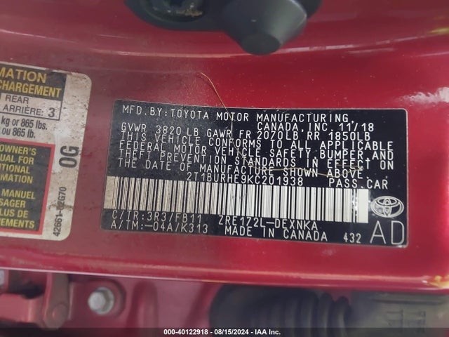 Toyota COROLLA LE 2019 2T1BURHE9KC201938 Image 9