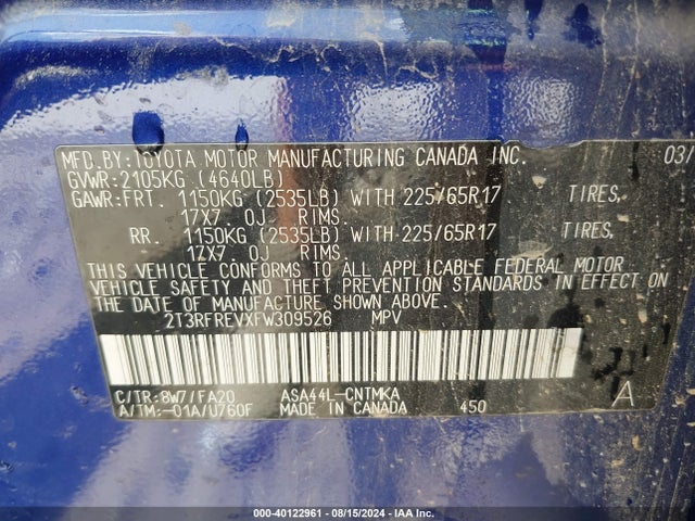 Toyota Rav4 Xle 2015 2T3RFREVXFW309526 Image 9