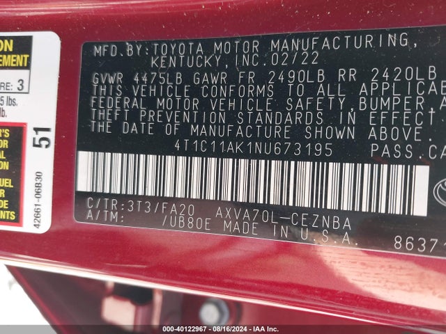 Toyota CAMRY LE 2022 4T1C11AK1NU673195 Image 9