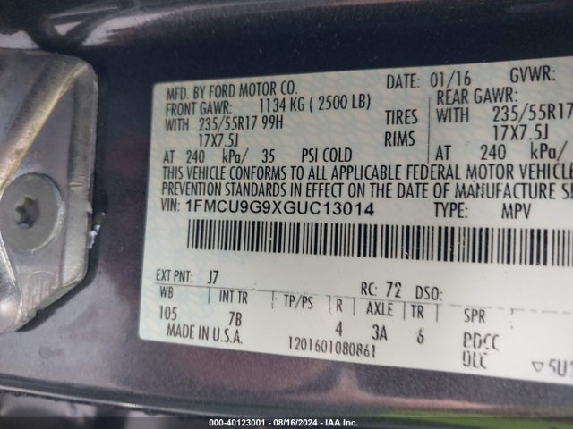 Ford ESCAPE SE 2016 1FMCU9G9XGUC13014 Image 9