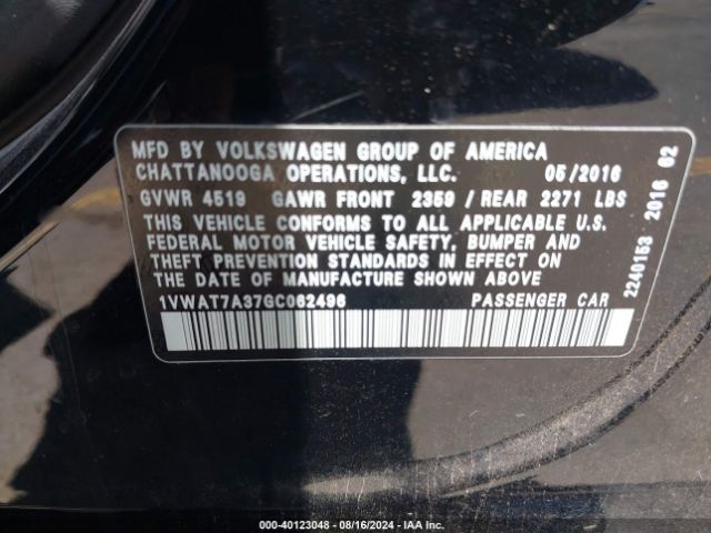 1VWAT7A37GC062496 Volkswagen Passat 1.8t S