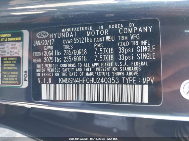 KM8SN4HF0HU240353 Hyundai Santa Fe Se
