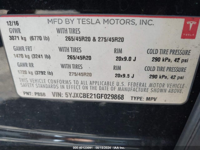 5YJXCBE21GF029868 Tesla Model X 60d/70d/75d/90d/p100d