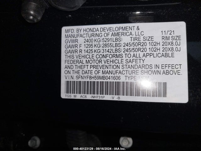 Honda Passport Awd Ex-l 2021 5FNYF8H59MB041606 Image 9