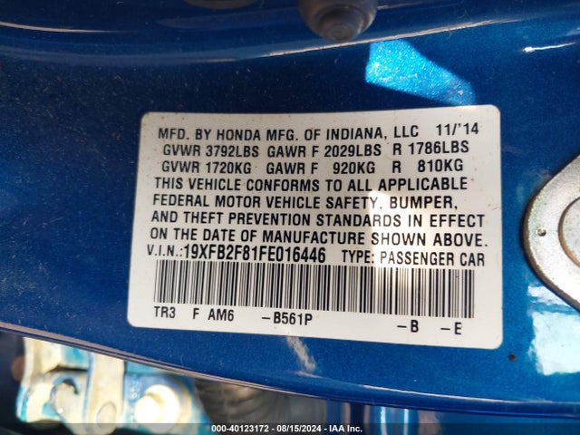 Honda CIVIC EX 2015 19XFB2F81FE016446 Image 9