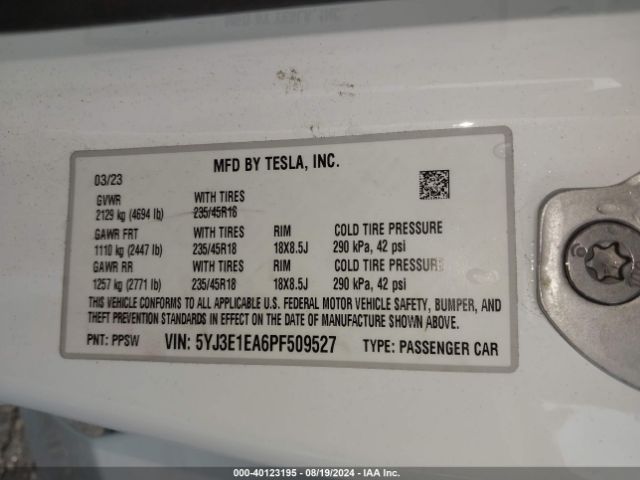 5YJ3E1EA6PF509527 Tesla Model 3 Rear-wheel Drive
