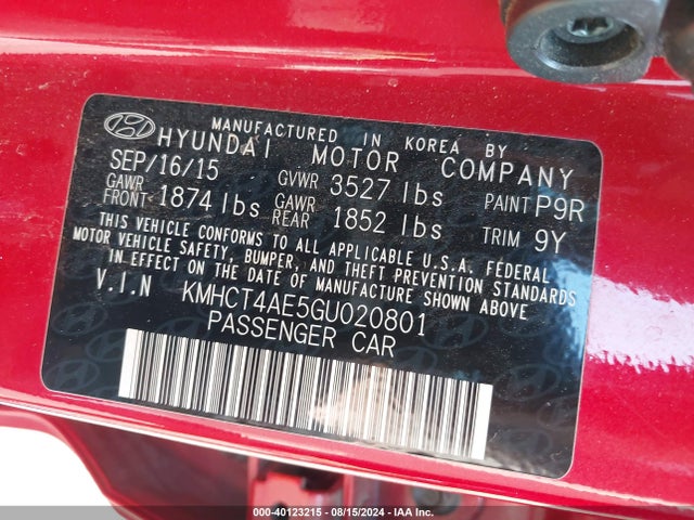 Hyundai ACCENT SE 2016 KMHCT4AE5GU020801 Image 9