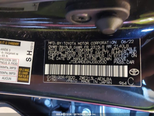 JTDEAMDE6NJ060530 Toyota Corolla Hybrid Le
