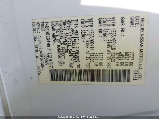 1N6ED0EB4MN712957 Nissan Frontier Sv 4x4