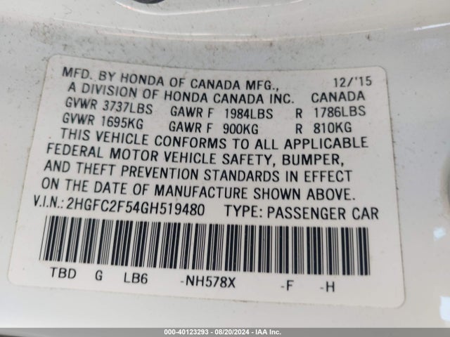 Honda Civic Lx 2016 2HGFC2F54GH519480 Image 9