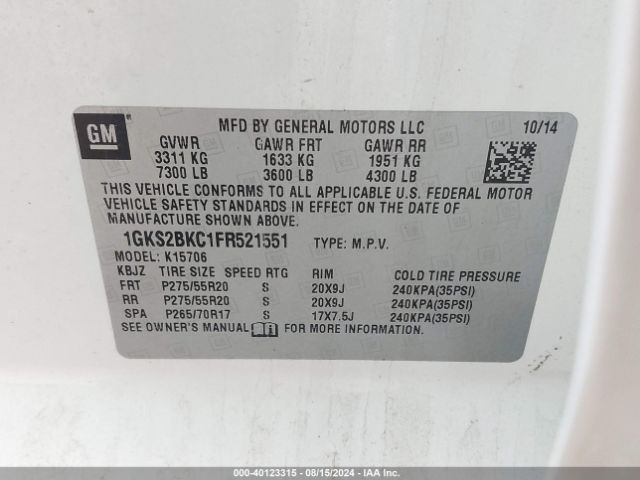 1GKS2BKC1FR521551 GMC YUKON SLT