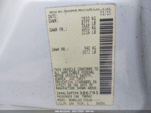 1N4AL3AP5FN386795 Nissan Altima 2.5/2.5 S/2.5 Sl/2.5 Sv