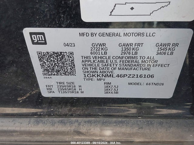 1GKKNML46PZ216106 GMC Acadia Fwd Slt
