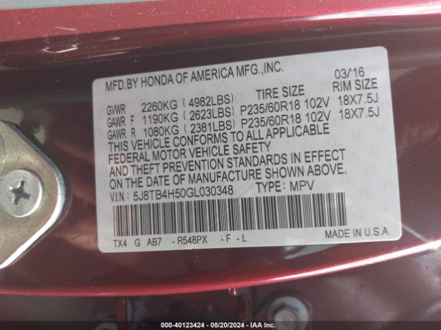 5J8TB4H50GL030348 Acura Rdx Technology   Acurawatch Plus Packages/technology Package