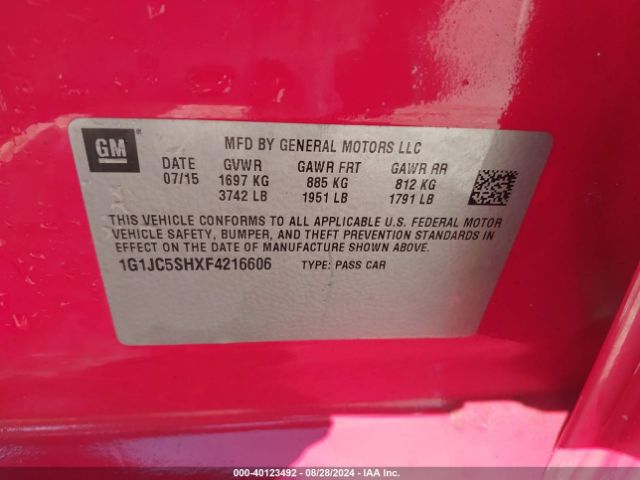 1G1JC5SHXF4216606 Chevrolet Sonic Lt Auto