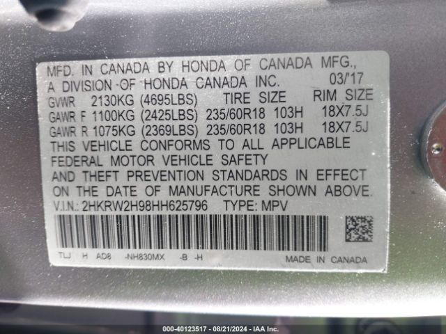 2HKRW2H98HH625796 Honda Cr-v Touring