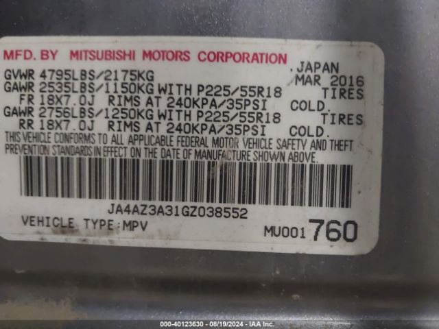 JA4AZ3A31GZ038552 Mitsubishi Outlander Es