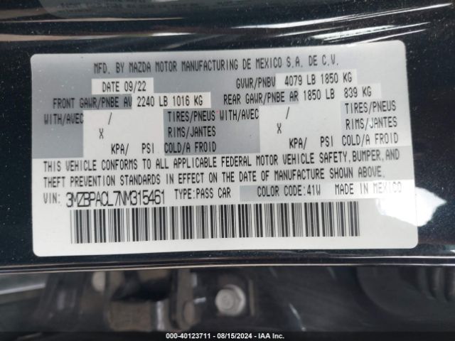 3MZBPACL7NM315461 Mazda Mazda3 Preferred