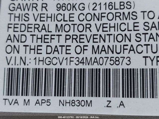 1HGCV1F34MA075873 Honda Accord Sport