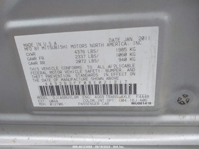 2011 MITSUBISHI GALANT 4A32B2FF0BE021217 Photo 8