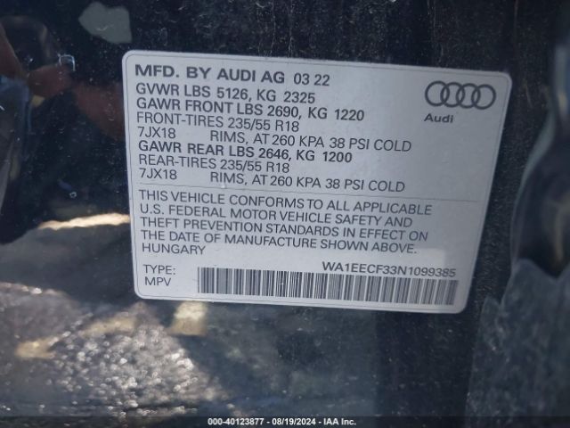 WA1EECF33N1099385 Audi Q3 Premium Plus 45 Tfsi S Line Quattro Tiptronic