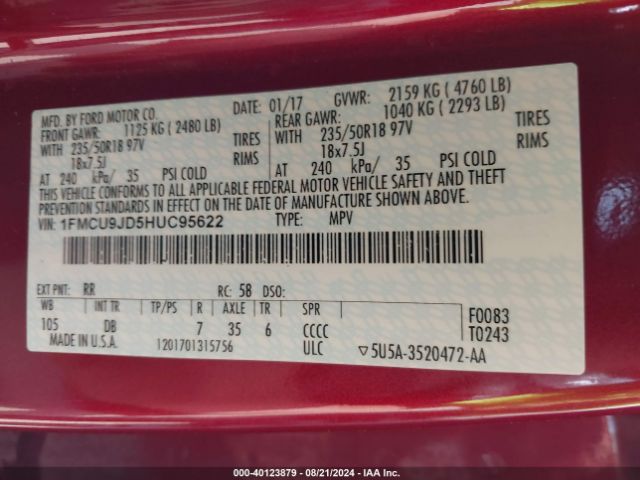 Ford Escape Titanium 2017 1FMCU9JD5HUC95622 Image 9
