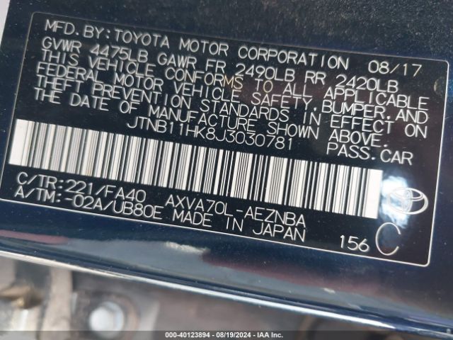 JTNB11HK8J3030781 Toyota CAMRY LE