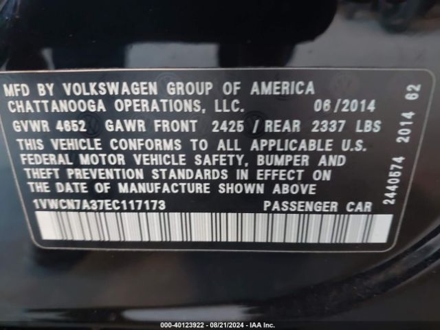 1VWCN7A37EC117173 Volkswagen Passat 2.0l Tdi Sel Premium