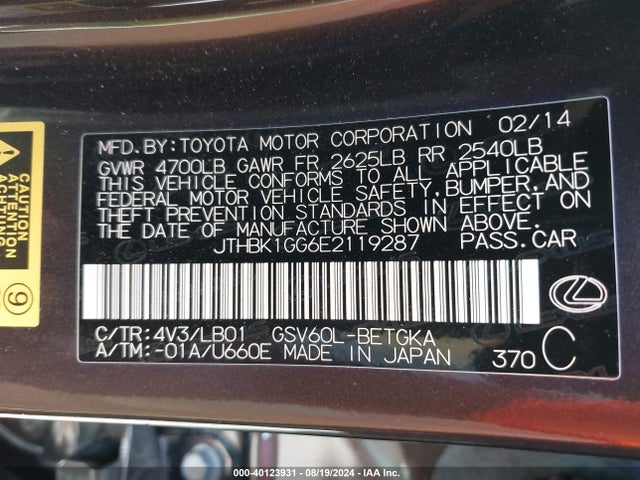 Lexus ES 350 2014 JTHBK1GG6E2119287 Image 9