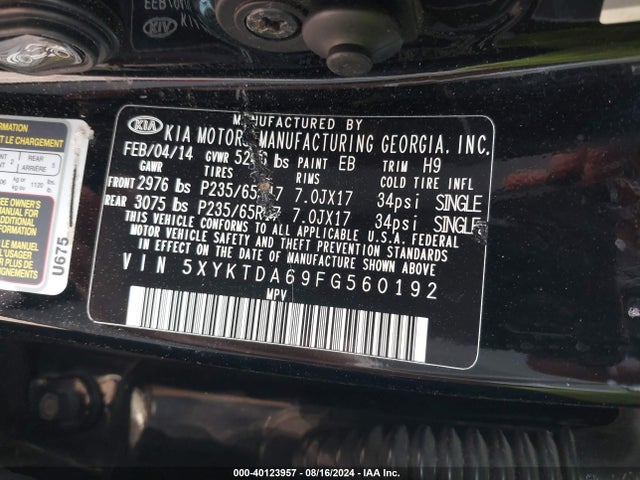 KIA SORENTO LX 2015 5XYKTDA69FG560192 Image 9