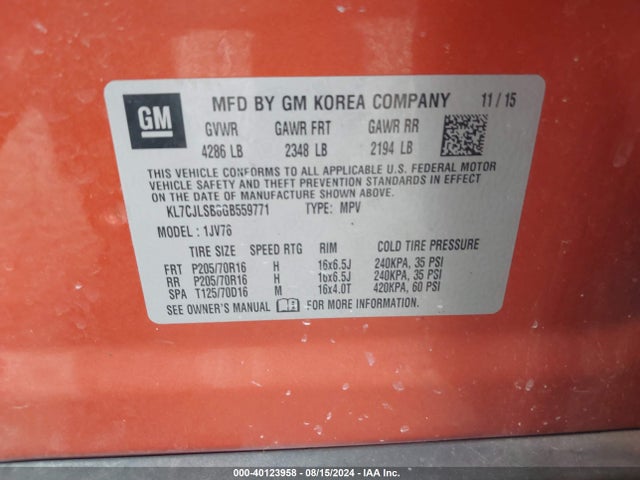 KL7CJLSB8GB559771 Chevrolet TRAX 1LT