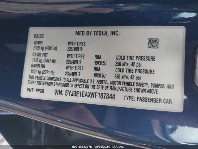 2022 TESLA MODEL 3 5YJ3E1EAXNF187844 Photo 8