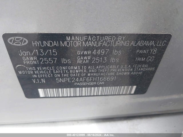 Hyundai SONATA SE 2015 5NPE24AF6FH166691 Image 9