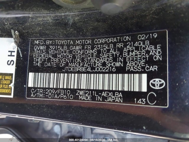Toyota Corolla Hybrid Le 2020 JTDEBRBE4LJ002216 Image 9
