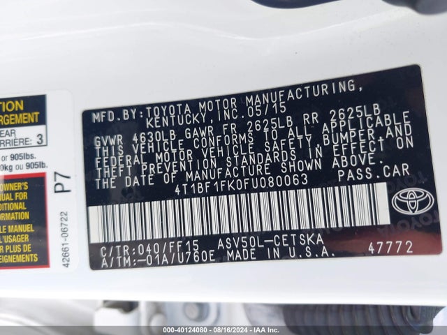 Toyota CAMRY SE 2015 4T1BF1FK0FU080063 Image 9