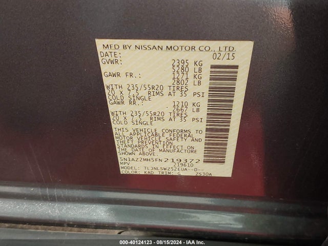 Nissan Murano Platinum 2015 5N1AZ2MH5FN219372 Image 9