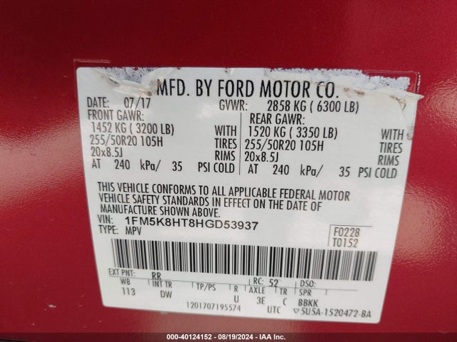 Ford Explorer Platinum 2017 1FM5K8HT8HGD53937 Image 9
