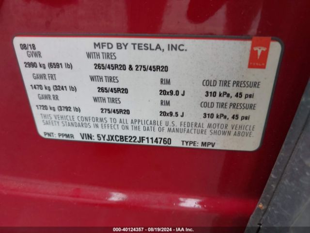 5YJXCBE22JF114760 Tesla Model X 100d/75d/p100d