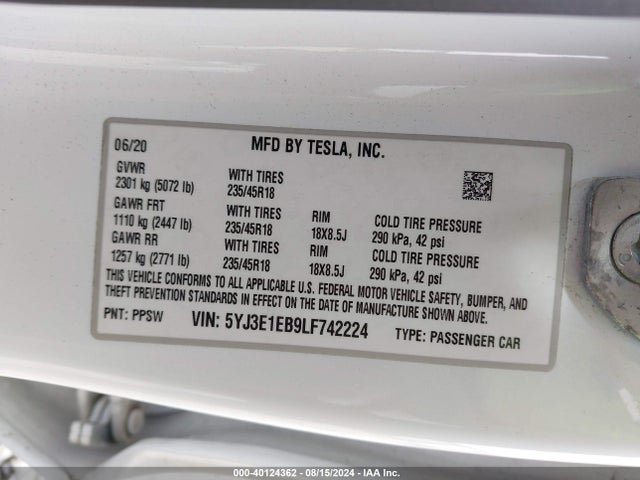 Tesla Model 3 Long Range Dual Motor All-wheel Drive 2020 5YJ3E1EB9LF742224 Image 9