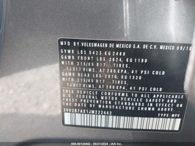 3VV2B7AX1JM222442 Volkswagen Tiguan 2.0t Se/2.0t Sel