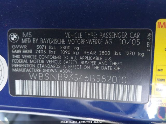 2006 BMW M5 WBSNB93546B582010 Photo 8