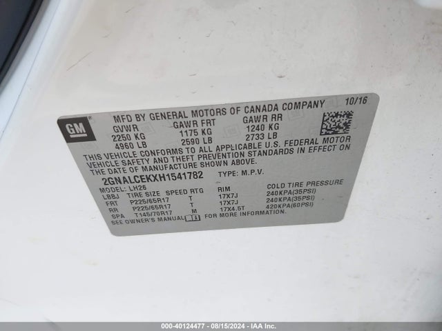 Chevrolet EQUINOX LT 2017 2GNALCEKXH1541782 Image 9