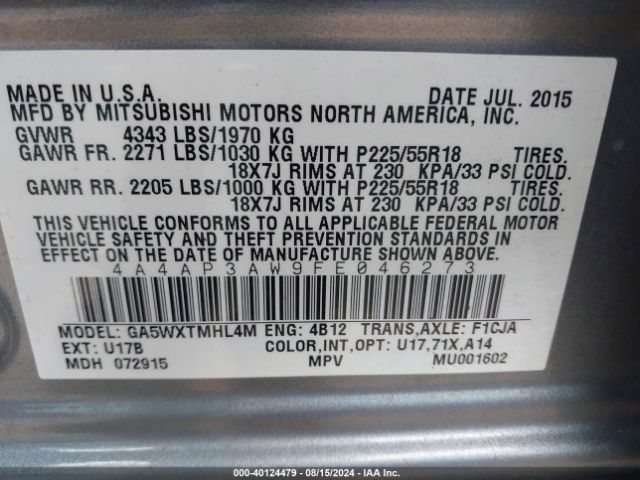 4A4AP3AW9FE046273 Mitsubishi Outlander Sport Es